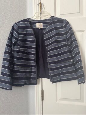 LOFT Navy and White Striped Zip-Front Blazer
